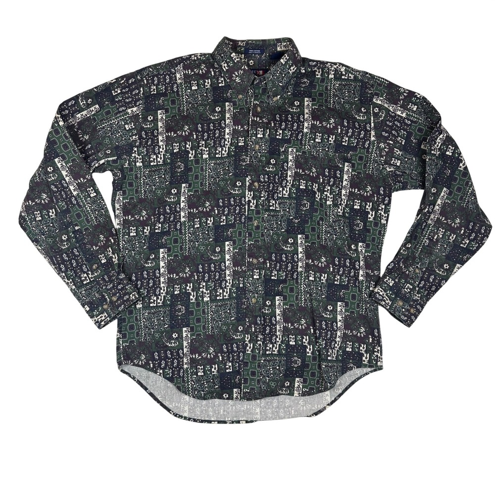 Vintage Mark Alexander Mens L Patchwork Paisley Cotton Button Down Shirt Green